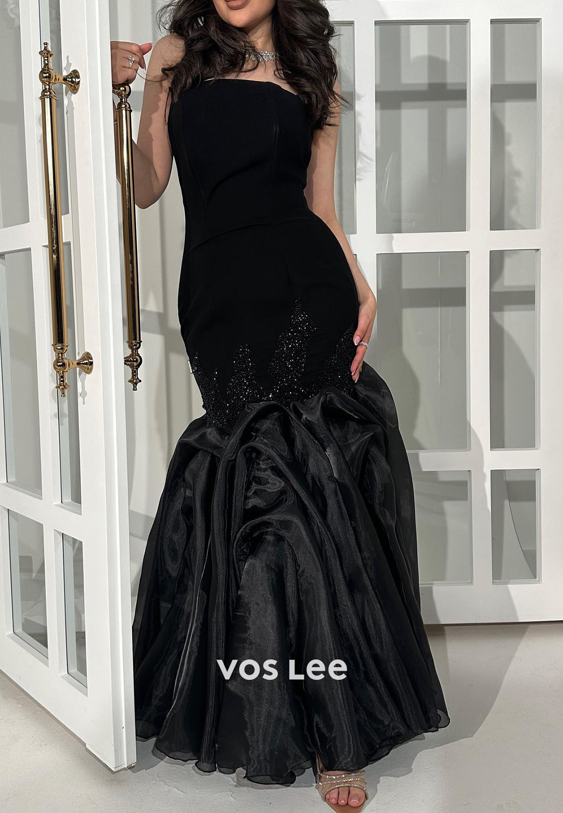Strapless Rhinestone Pleated Trumpet Floor-Length Evening Dresses