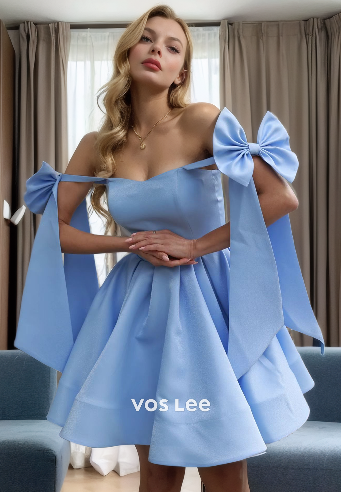 Elegant Sweetheart A-Line Off-Shoulder Bow Homecoming Dress Mini Formal Pleated Cocktail Dress