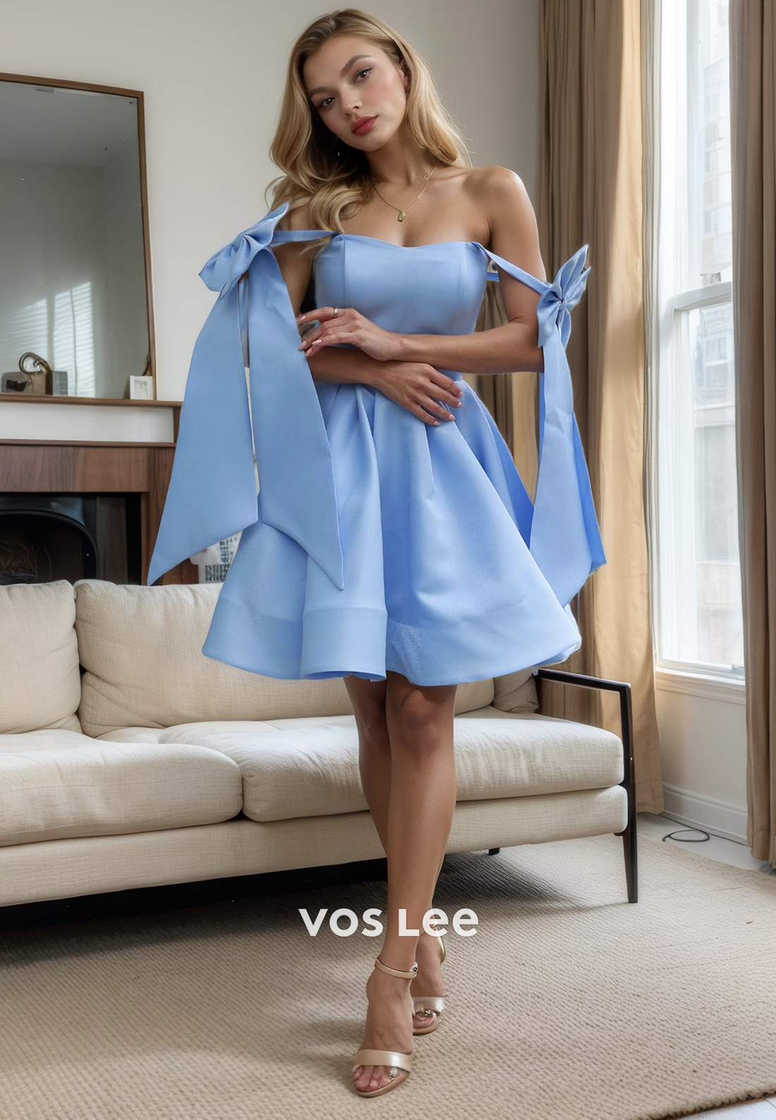 Elegant Sweetheart A-Line Off-Shoulder Bow Homecoming Dress Mini Formal Pleated Cocktail Dress