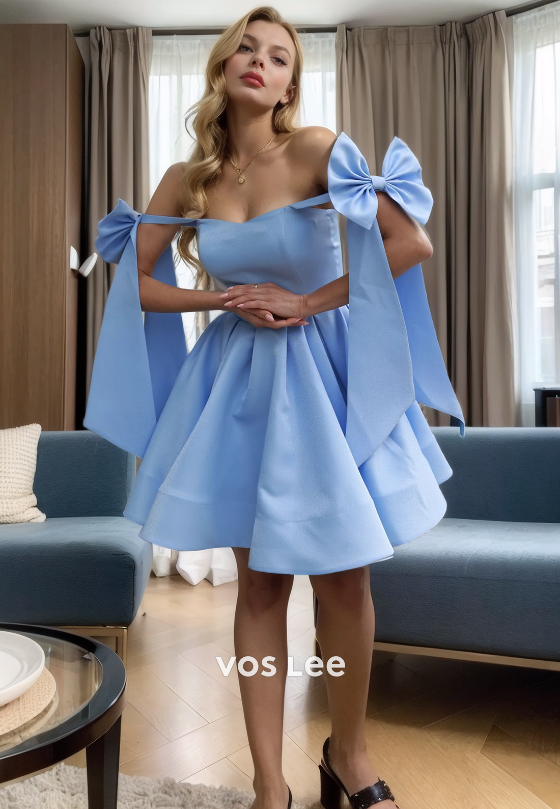 Elegant Sweetheart A-Line Off-Shoulder Bow Homecoming Dress Mini Formal Pleated Cocktail Dress
