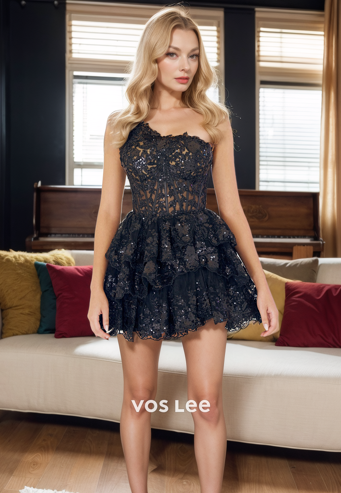 Elegant One Shoulder Illusion Ball Gown Homecomg Dress with Sequins