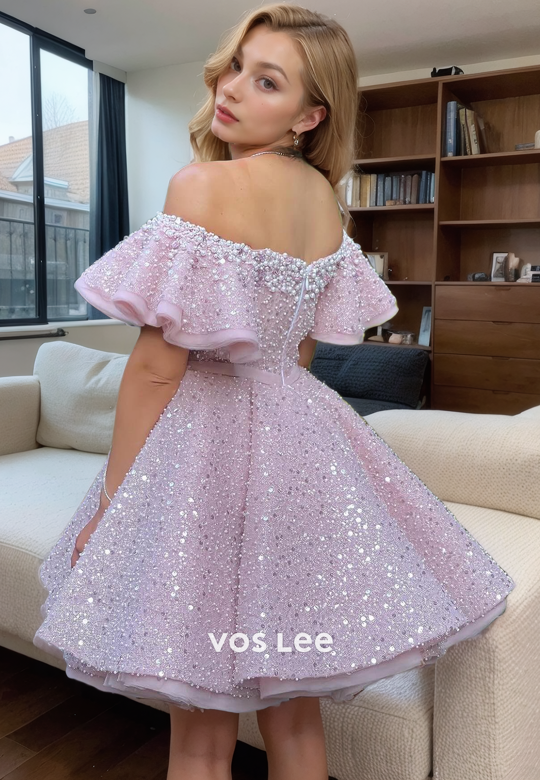 Dreamy Candy Pink Sweetheart A-Line Homecoming Dress Off-Shoulder Zipper Back Sequins Short Dress