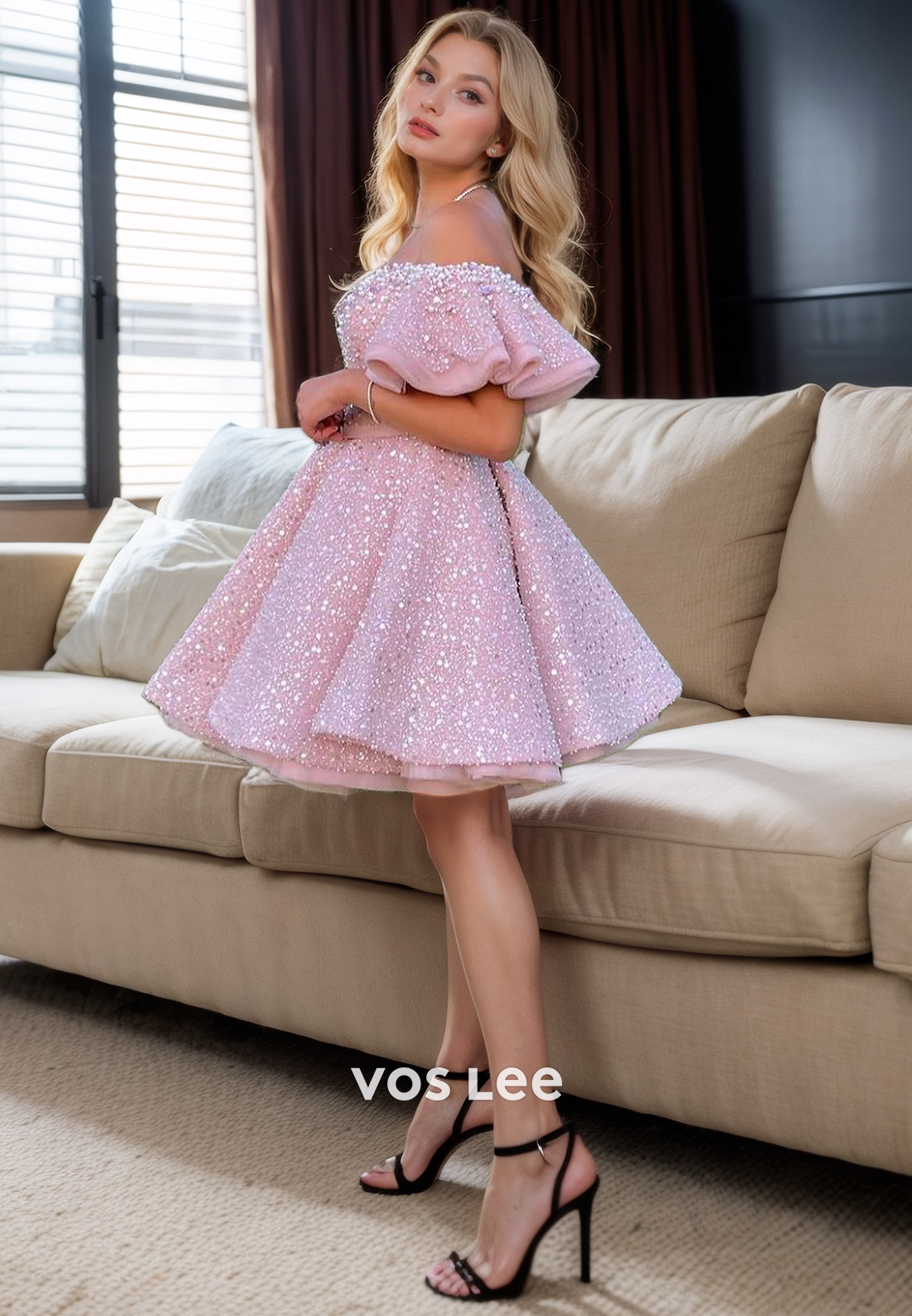 Dreamy Candy Pink Sweetheart A-Line Homecoming Dress Off-Shoulder Zipper Back Sequins Short Dress