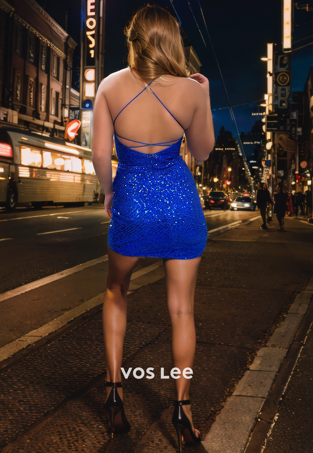 Sparkly V Neck Sequined Zipper Back Homecoming Dress Spaghetti Straps Mini Night Party Dress