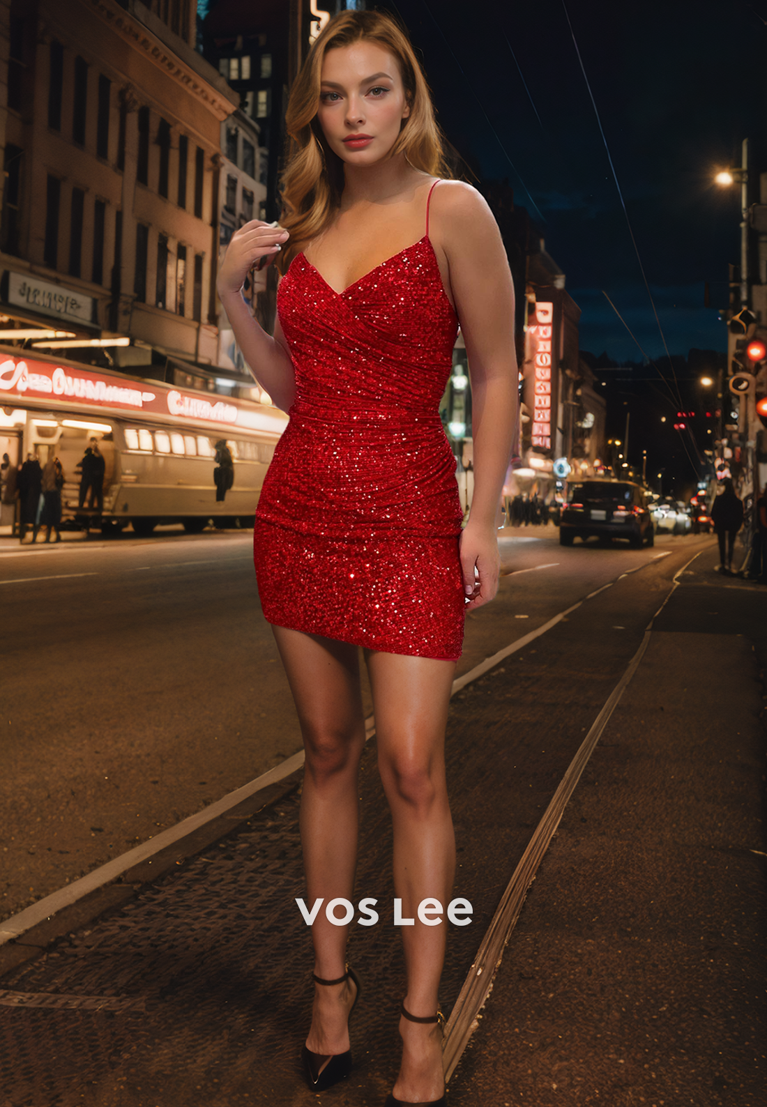 Sparkly V Neck Sequined Zipper Back Homecoming Dress Spaghetti Straps Mini Night Party Dress