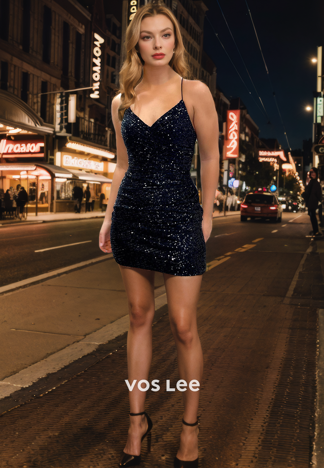 Sparkly V Neck Sequined Zipper Back Homecoming Dress Spaghetti Straps Mini Night Party Dress