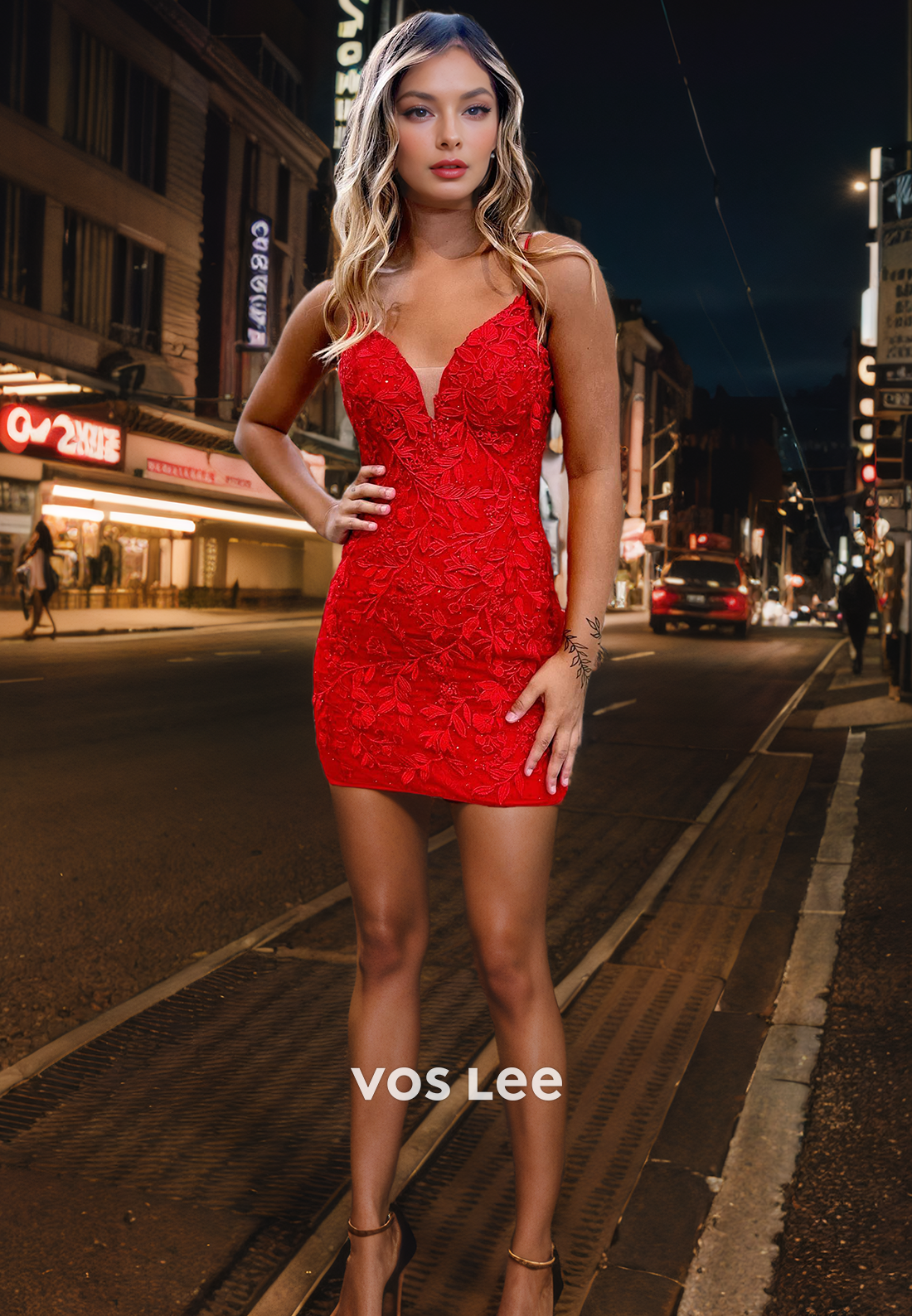 Graceful V Neck Spaghetti Straps Party Dresses Red Lace Short Homecoming Dress