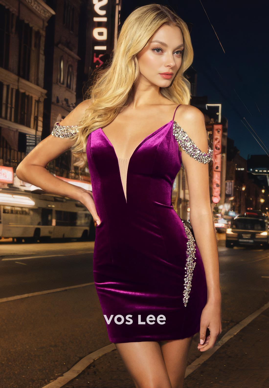 Gorgeous V Neck Off-Shoulder Homecoming Dress Velour Backless Orchid Party Dresses