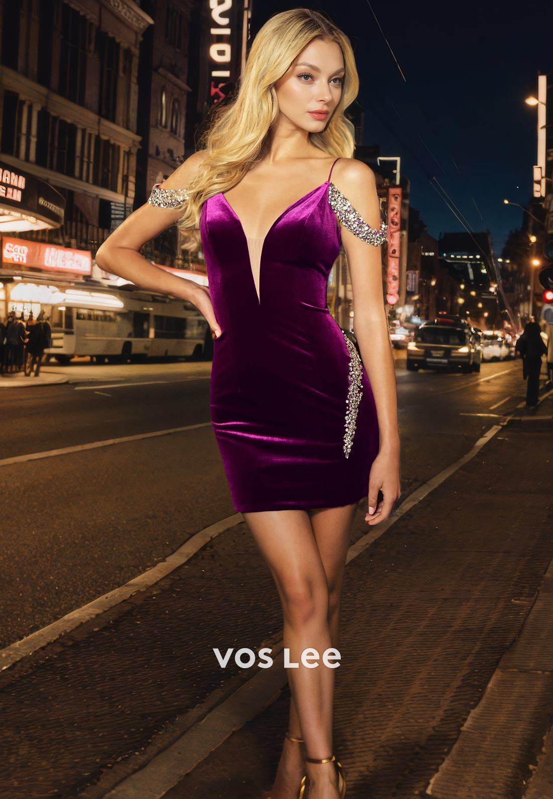 Gorgeous V Neck Off-Shoulder Homecoming Dress Velour Backless Orchid Party Dresses
