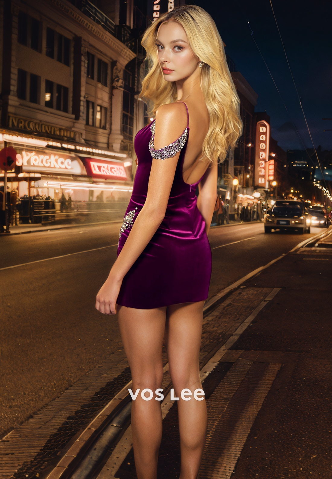 Gorgeous V Neck Off-Shoulder Homecoming Dress Velour Backless Orchid Party Dresses