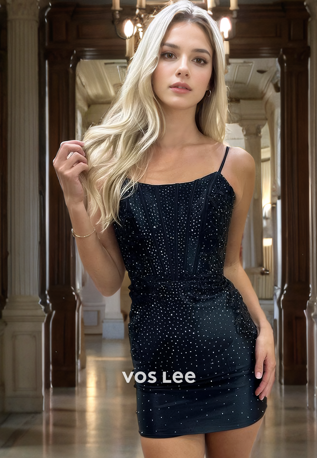 Sheath&Column V-Neck Spaghetti Straps Beaded Short Homecoming Dress