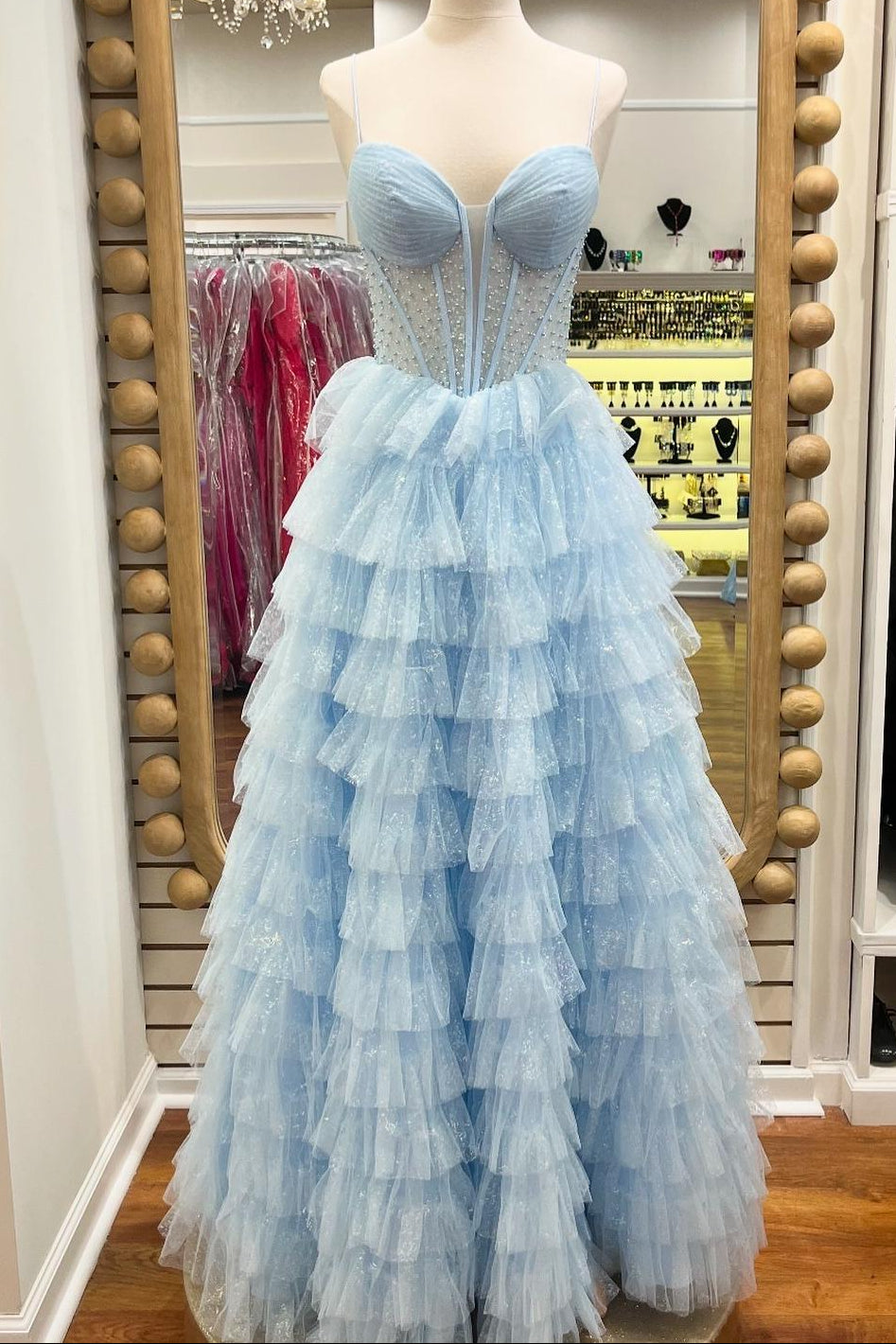 Spaghetti Straps Light Blue Corset A-line Ruffle Gown