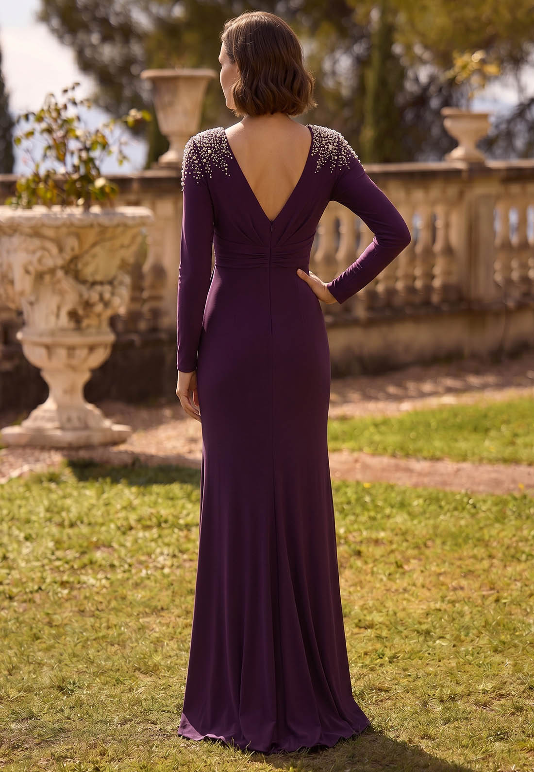 Orchid Long Sleeves V-Neck Slit Mother of the Bride Dress