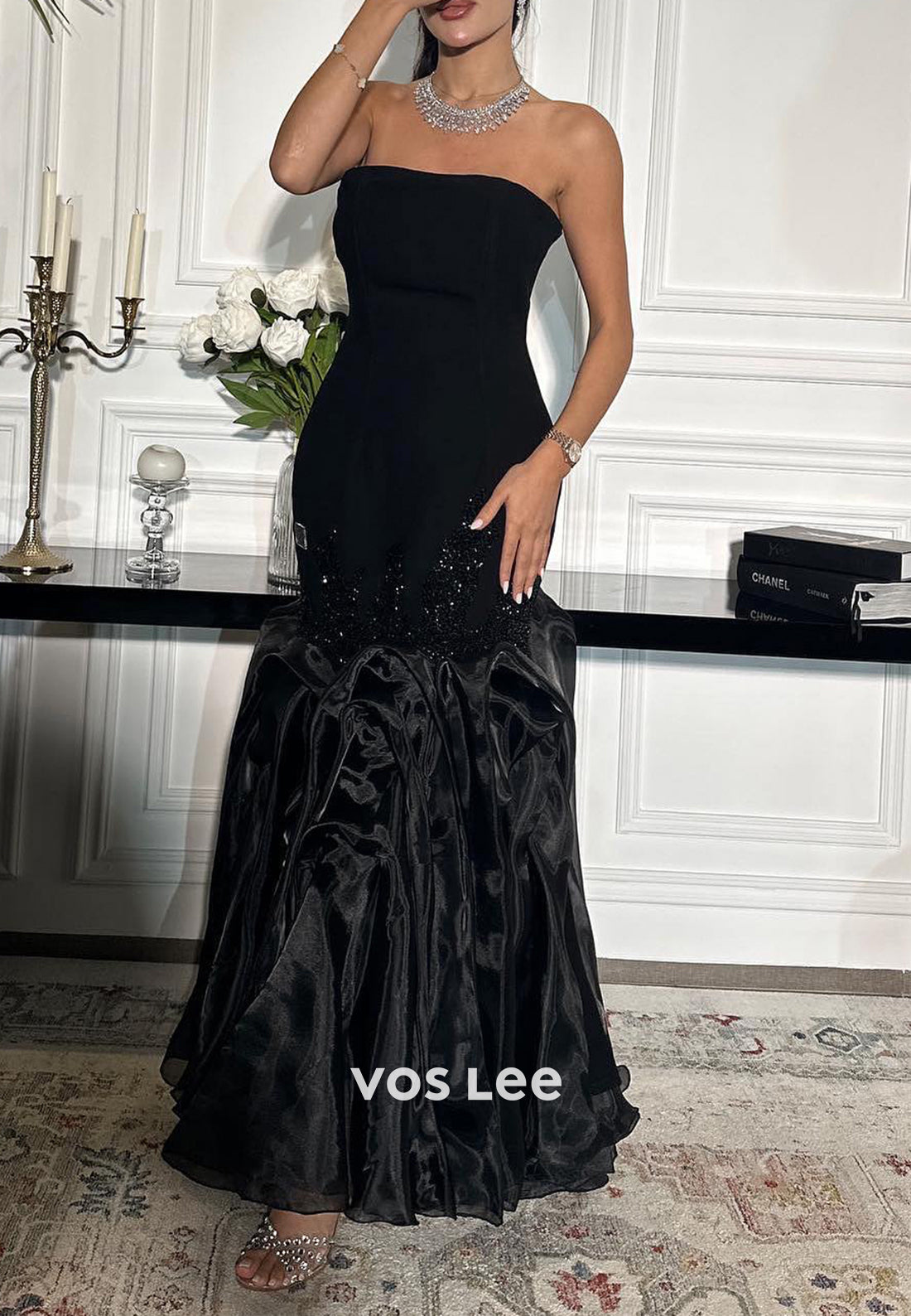 Strapless Rhinestone Pleated Trumpet Floor-Length Evening Dresses