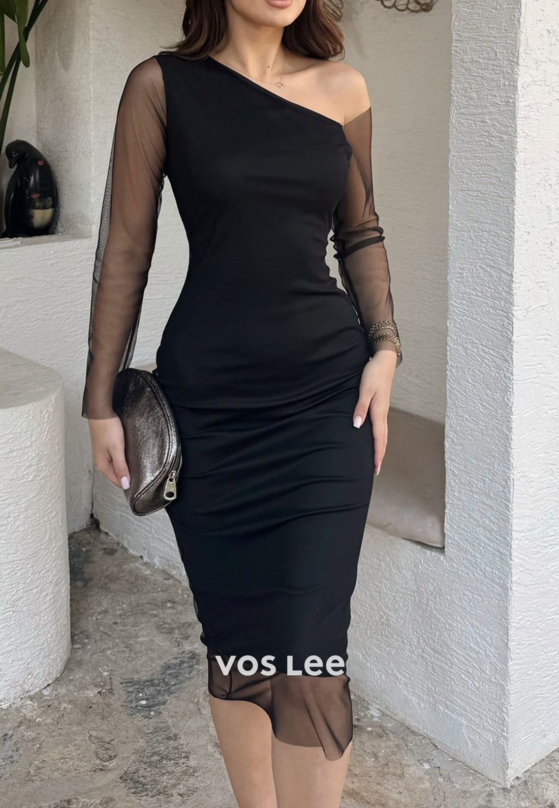 Long Sleeve One Shoulder Knee-Length Mermaid Wedding Guest Dresses