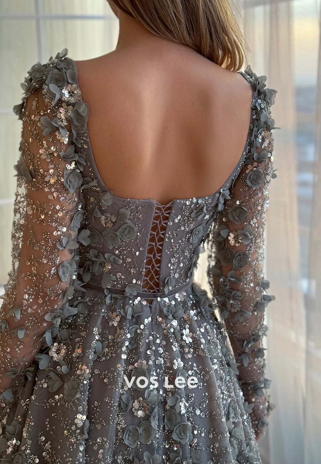 A-Line Long Sleeve Square Sequins Appliques Embellished Prom Dresses