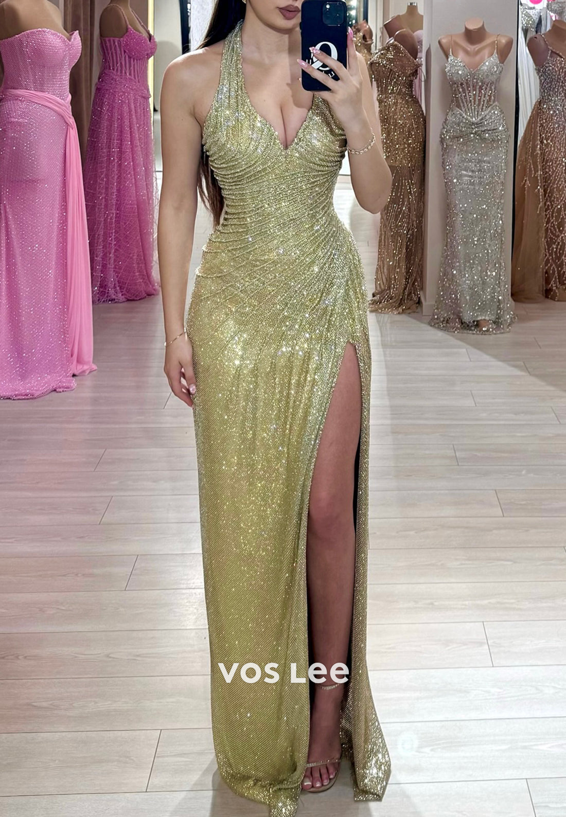 Sexy & Hot Halter Floor-Length Pleated Mermaid Evening Dresses with High Split