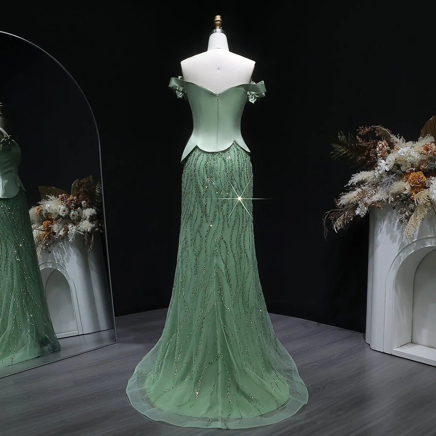 Edgy Green Off-the-Shoulder 3D Floral Applique Sequin Evening Dress