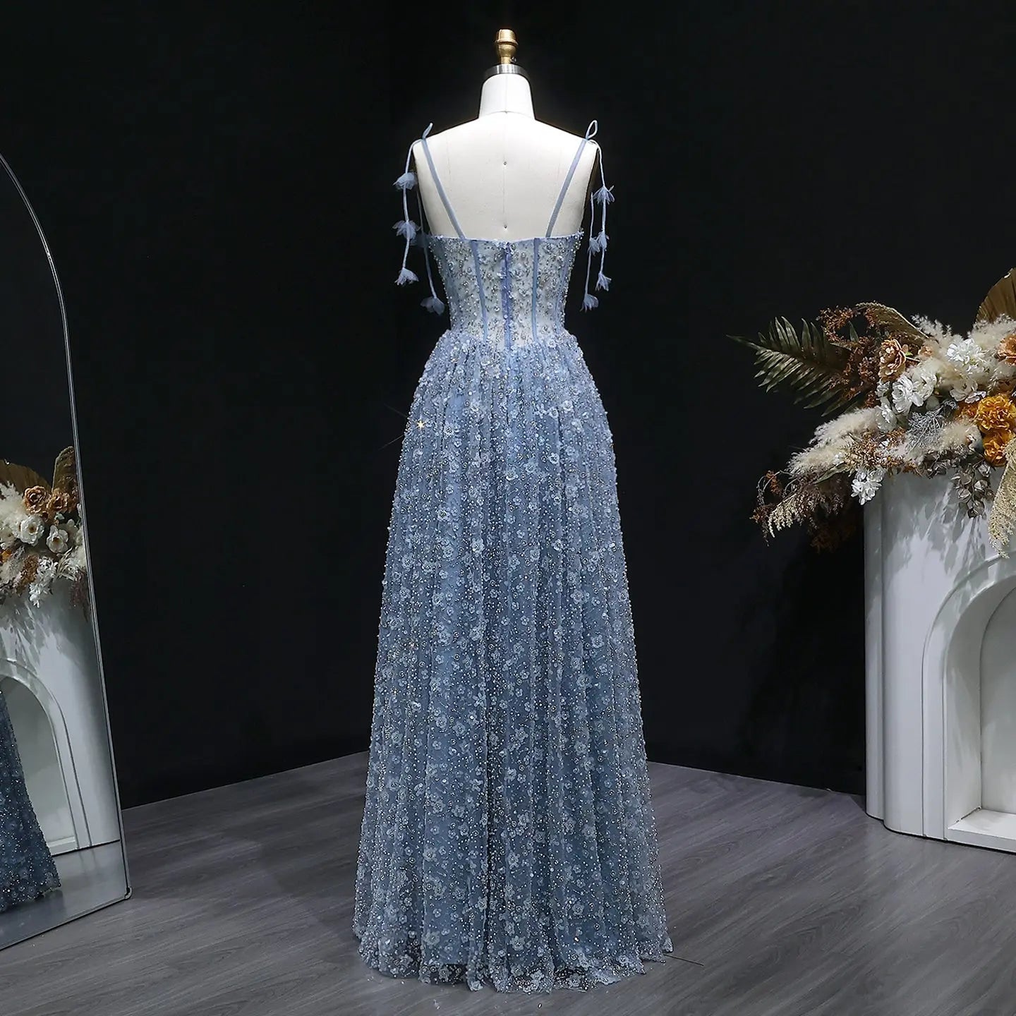 Delicate Pink 3D Floral Spaghetti Evening Dress