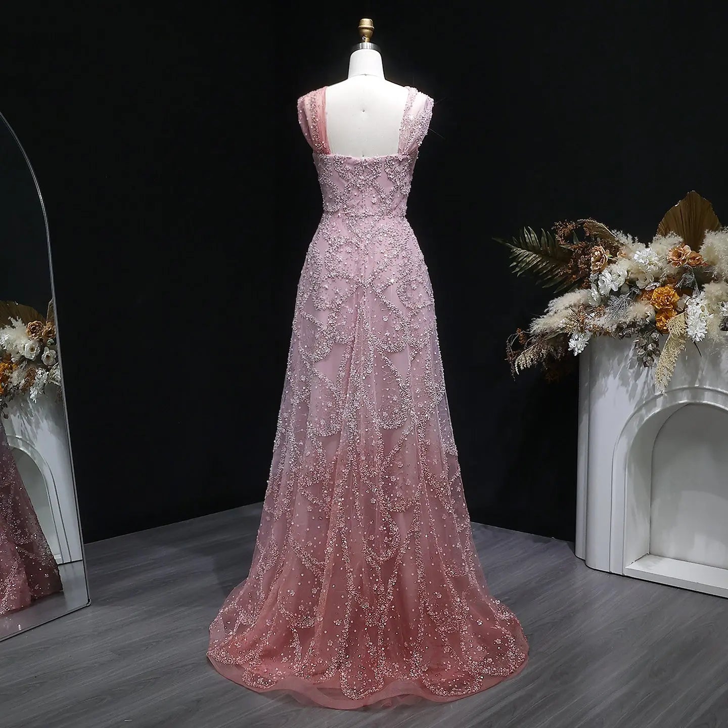 Luxury Gradient Pink Halter Neck Beaded Sequin Evening Dress
