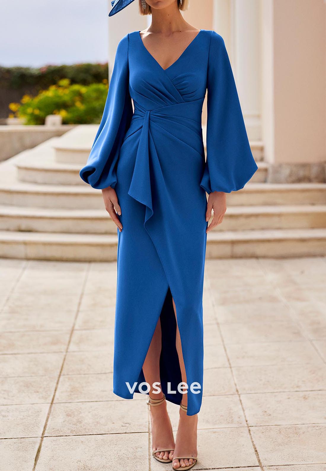 Long Sleeve V Neck Pleated Ankle-Length Sheath Mother of Bride Dresses with Split