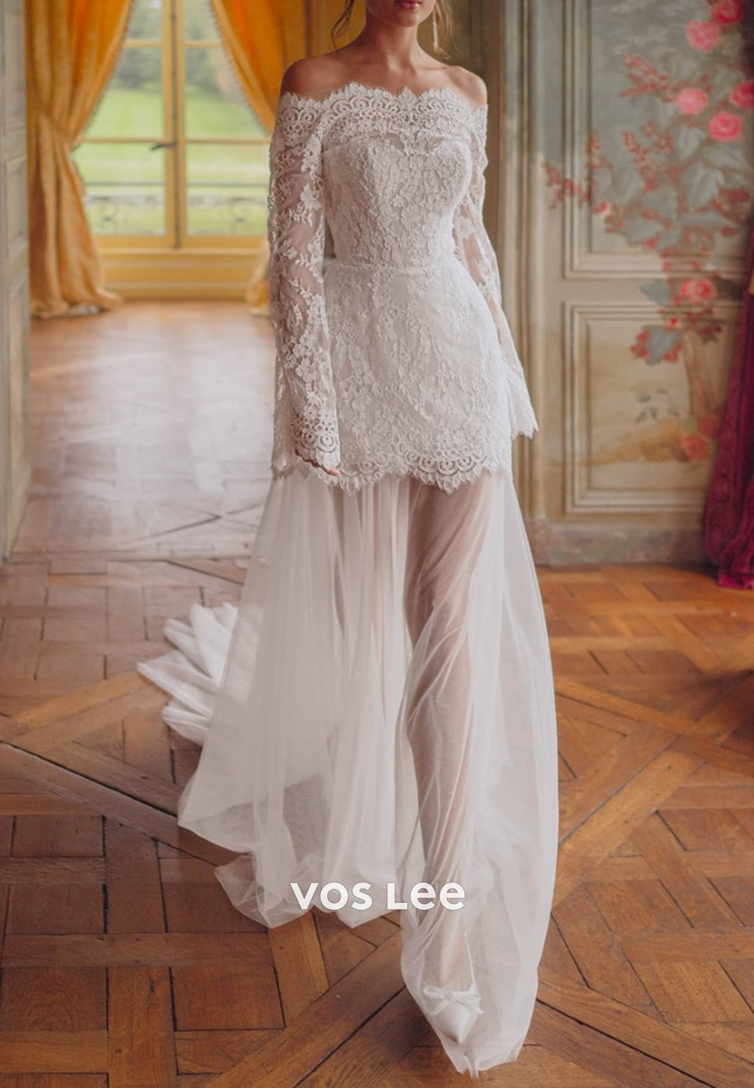 Long Sleeve Off the Shoulder Appliques Lace Sheath Wedding Dresses with Detachable Train