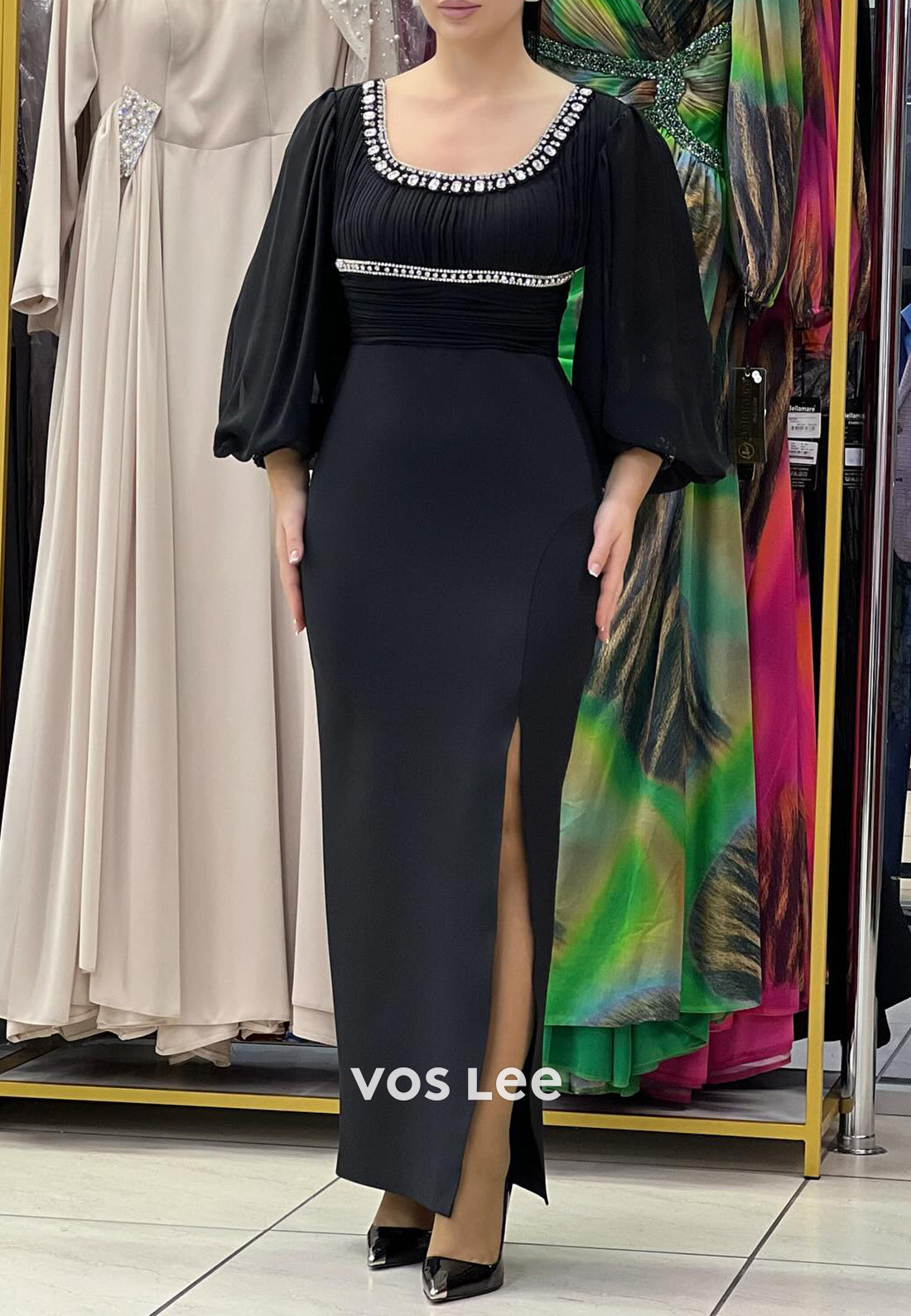 Long Sleeve Square Ankle-Length Pleated Mermaid Evening Dresses with Side Split
