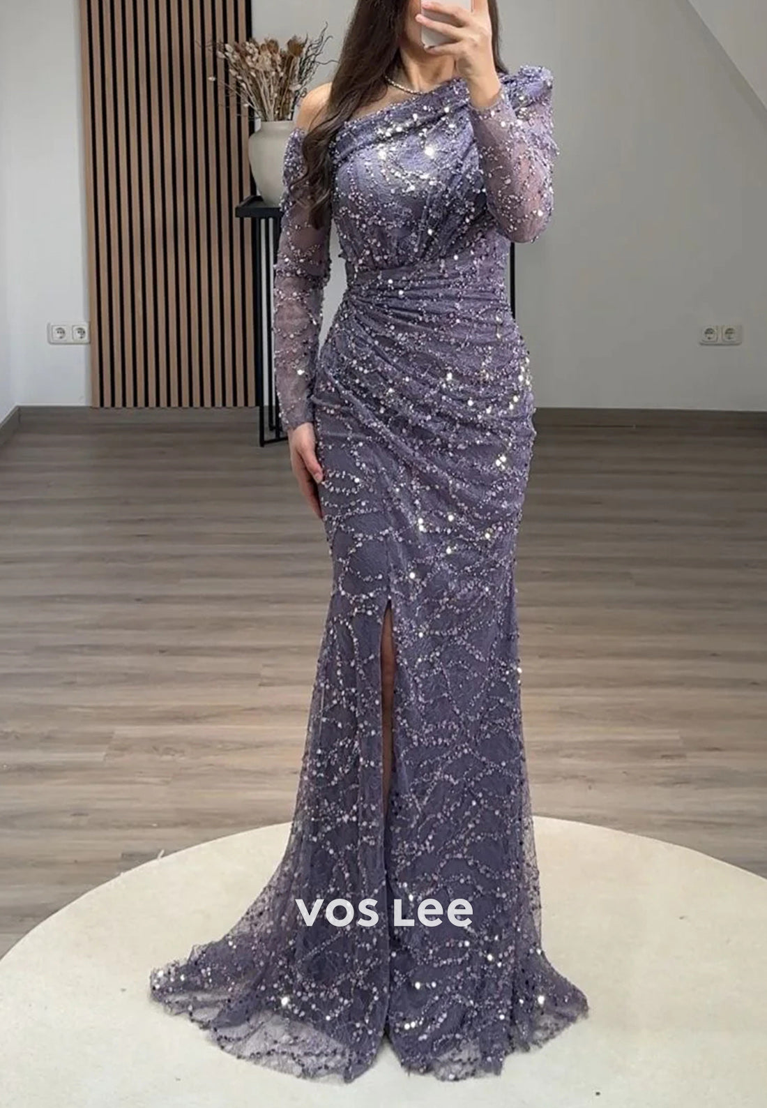 Long Sleeve One Shoulder Fully Beaded Sequins Pleated Evening Dresses with Side Spilt