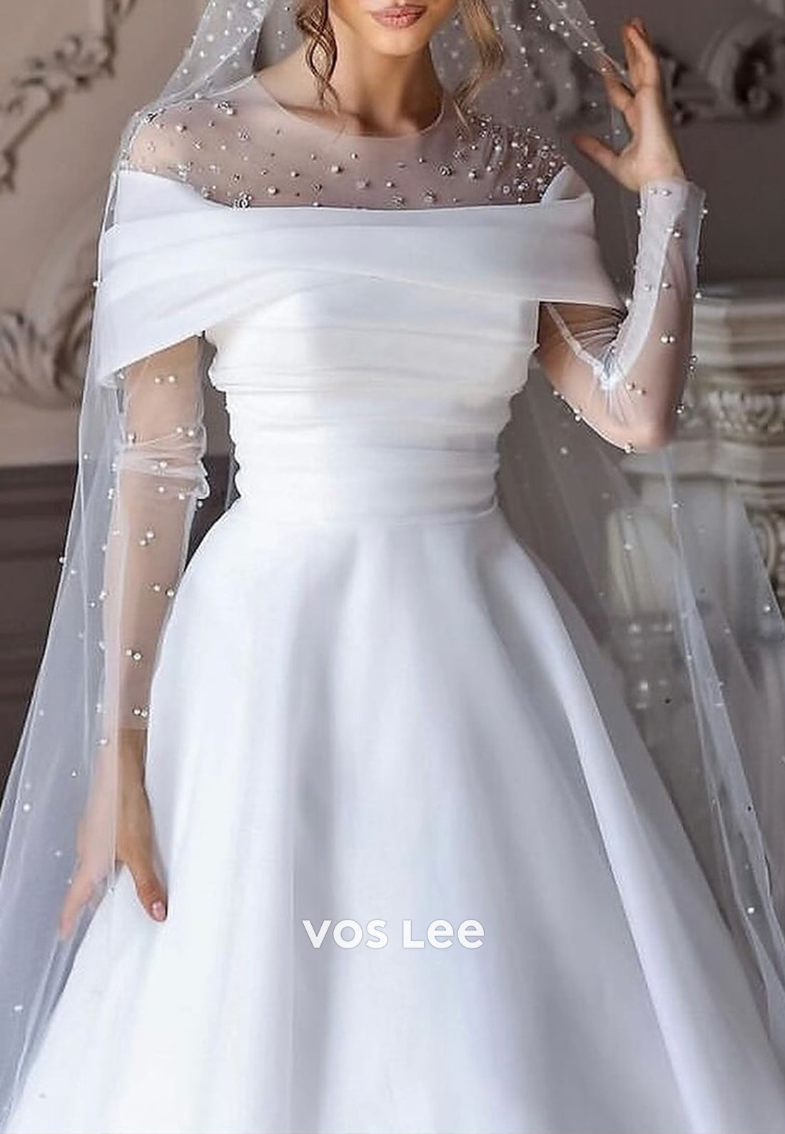 A-Line Long Sleeve Off the Shoulder Rhinestone Wedding Dresses with Court Train