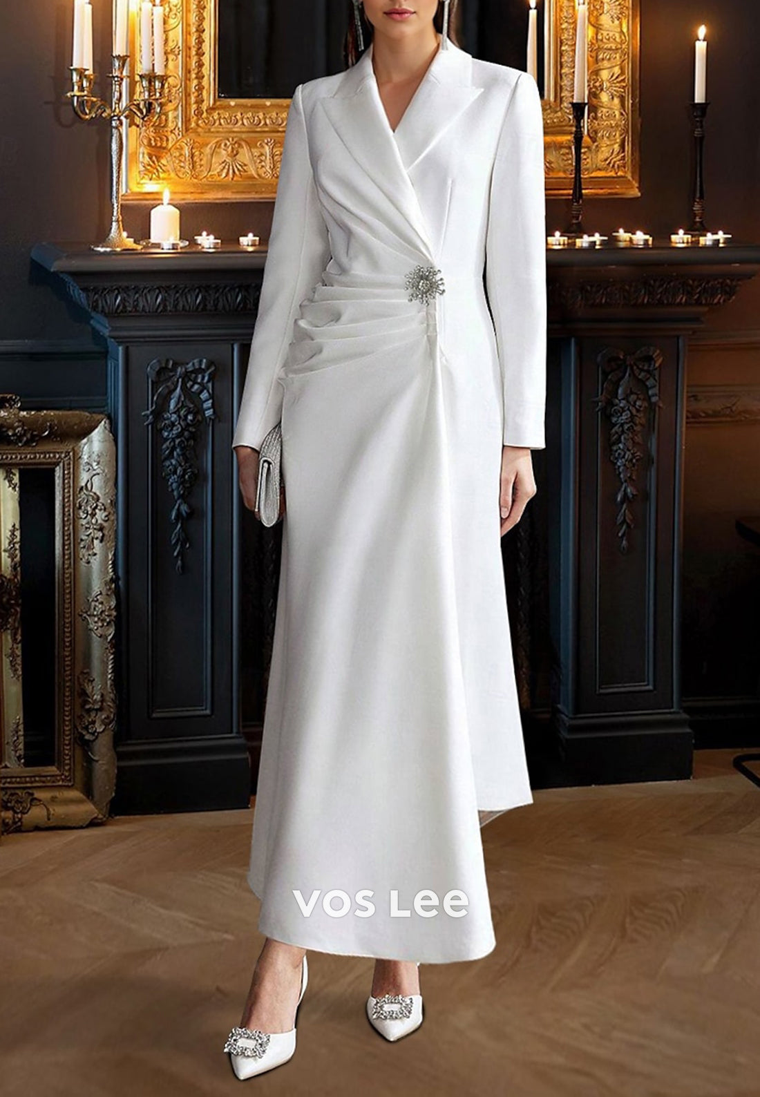 Long Sleeve V Neck Rhinestone Long Mermaid Mother of Bride Dresses