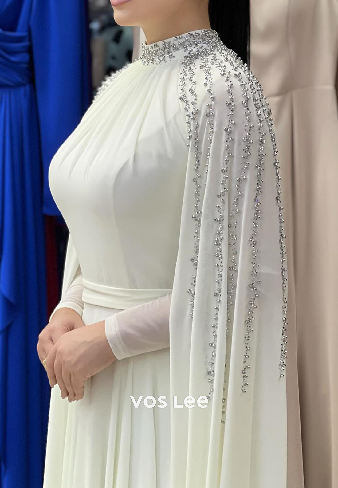 A-Line Long Sleeves High Neck Beaded Embellished Pleated Evening Dresses