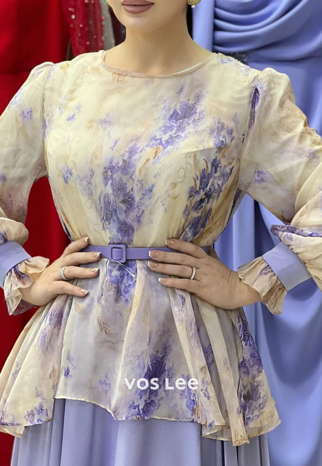 A-Line Long Sleeve Scoop Pleated Floor-Length Evening Dresses