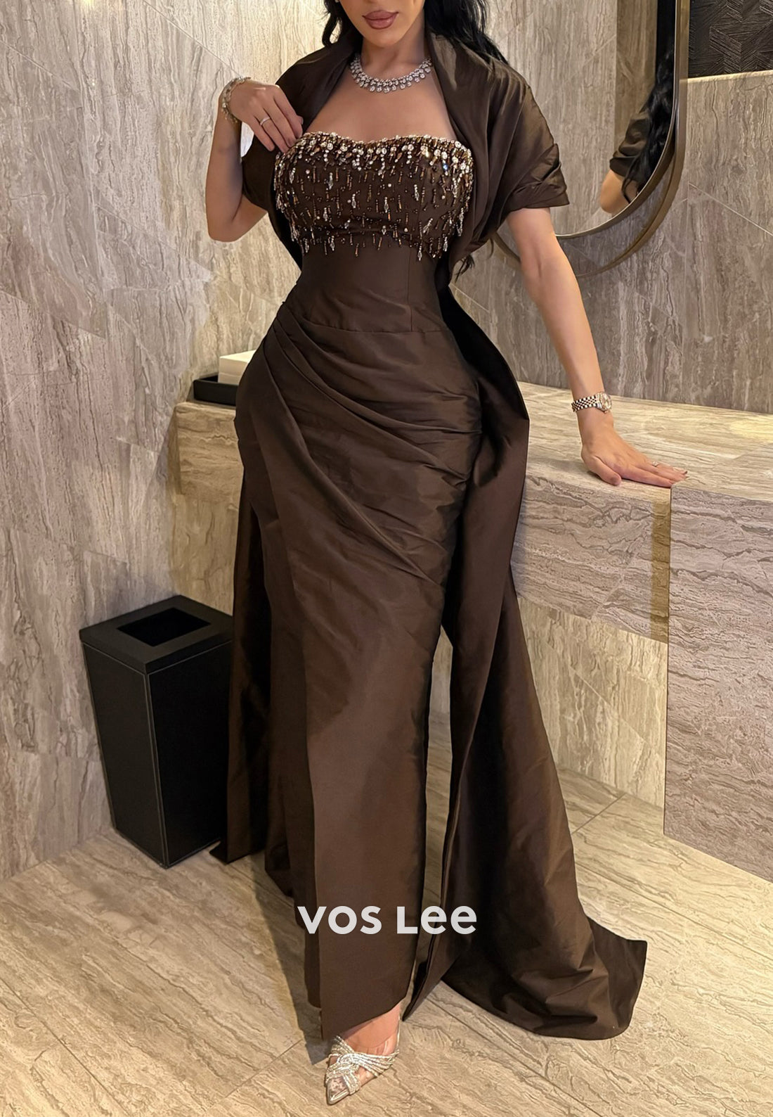 Short Sleeve Sweetheart Rhinestone Embellished Pleated Mermaid Evening Dresses