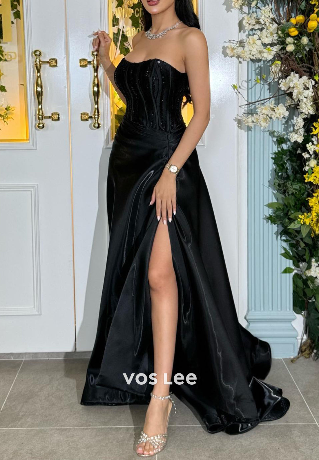 Sexy & Hot A-Line Strapless Pleated Appliqued Evening Dresses with High Split