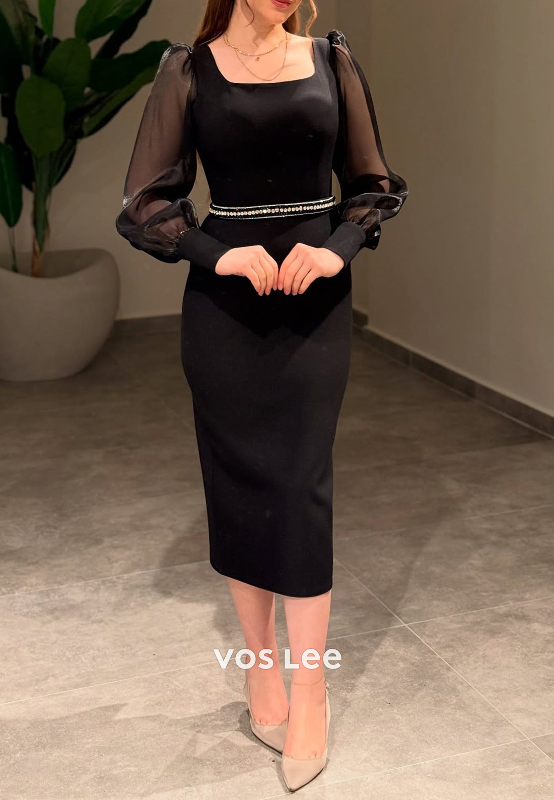 Long Sleeve Square Rhinestone Tea-Length Sheath Evening Dresses