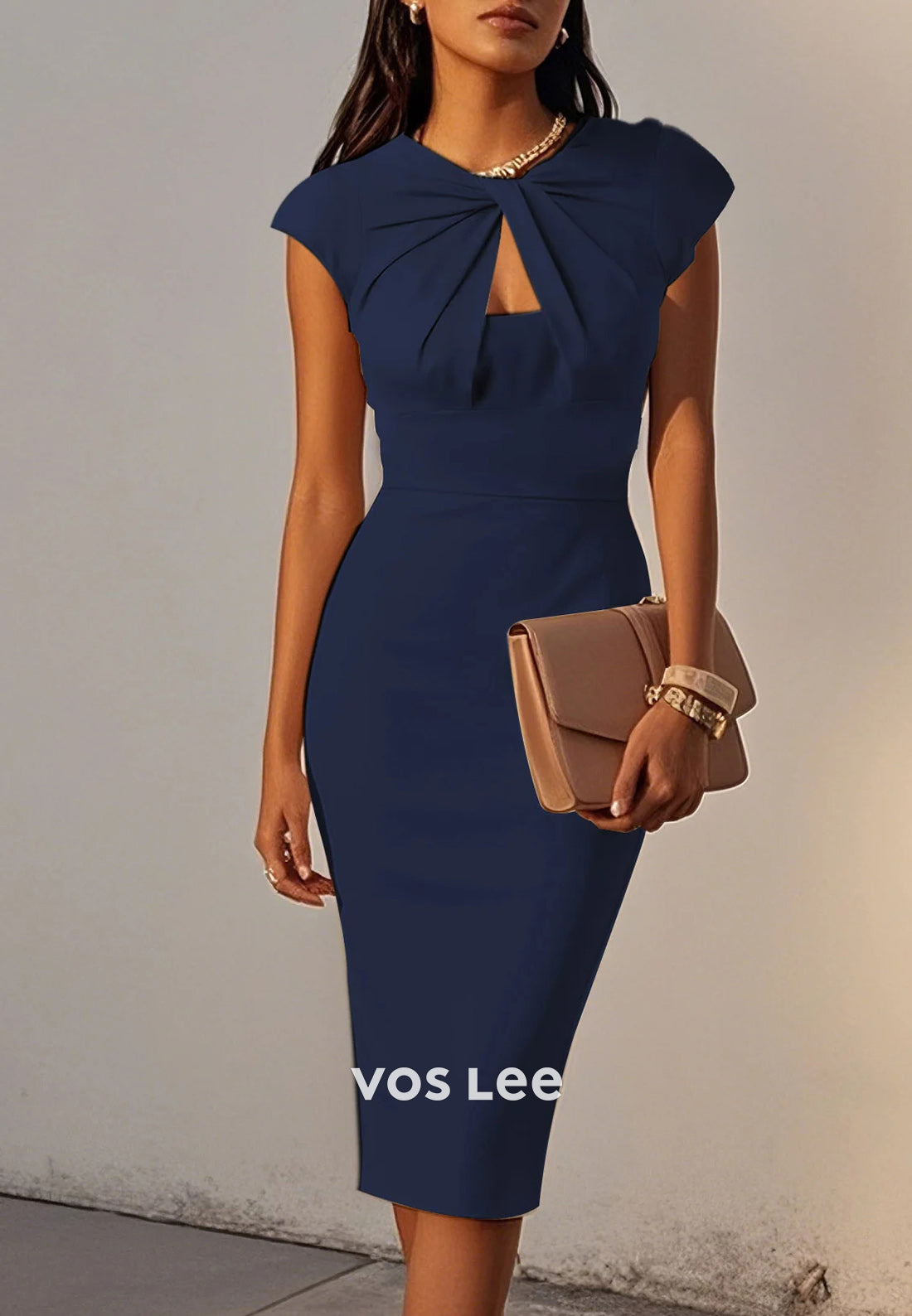 Simple & Casual Empire Waist Scoop Tea-Length Pleated Mermaid Wedding Guest Dresses