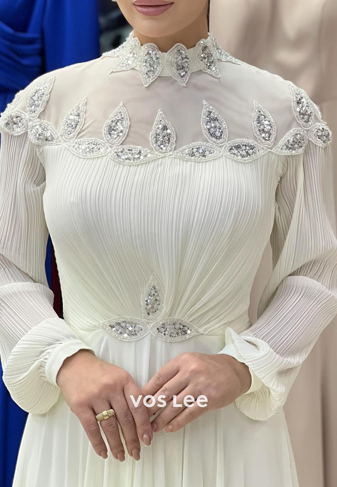 A-Line Long Sleeve High Neck Sequined Embellished Pleated Evening Dresses