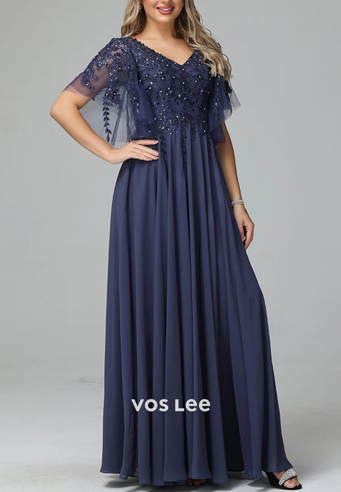 A-Line V Neck Beading Appliques Lace Floor-Length Pleated Mother of Bride Dresses