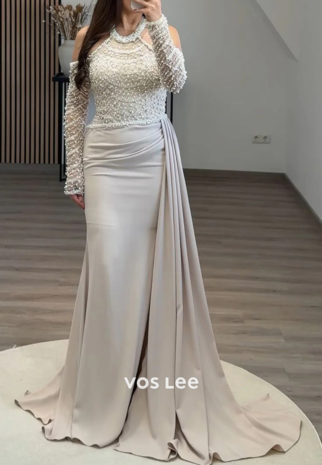 Glamorous Long Sleeve Halter Pearls Ruched Mermaid Evening Dresses with Sweep Train