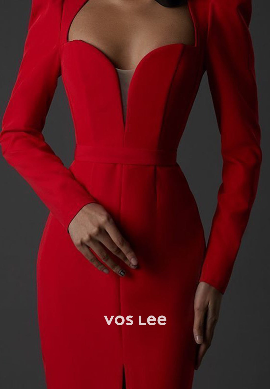 Long Sleeve Queen Anne Ankle-Length Mermaid Evening Dresses with High Split