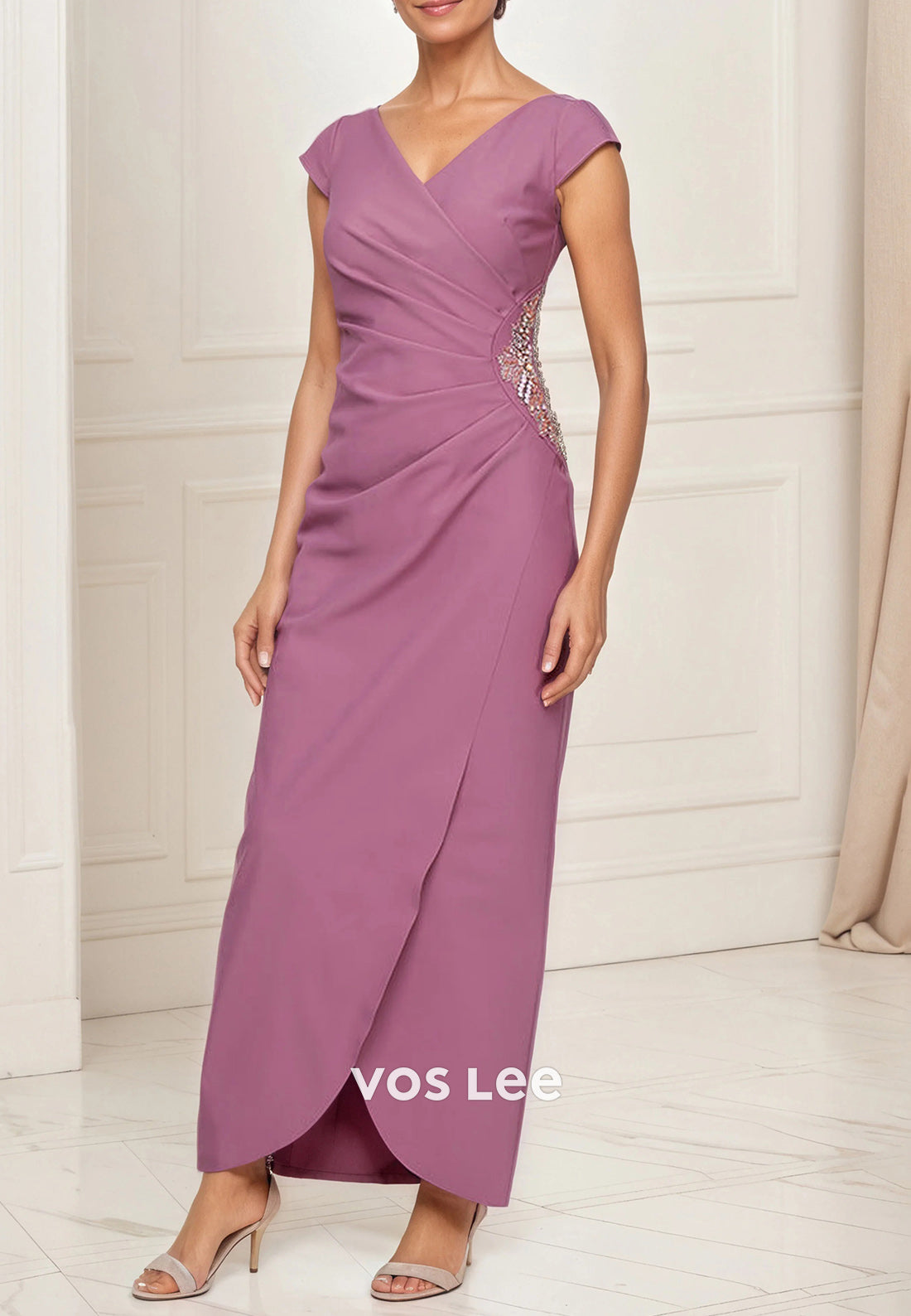 Cap Sleeves V Neck Ruched Rhinestone Ankle-Length Sheath Mother of Bride Dresses