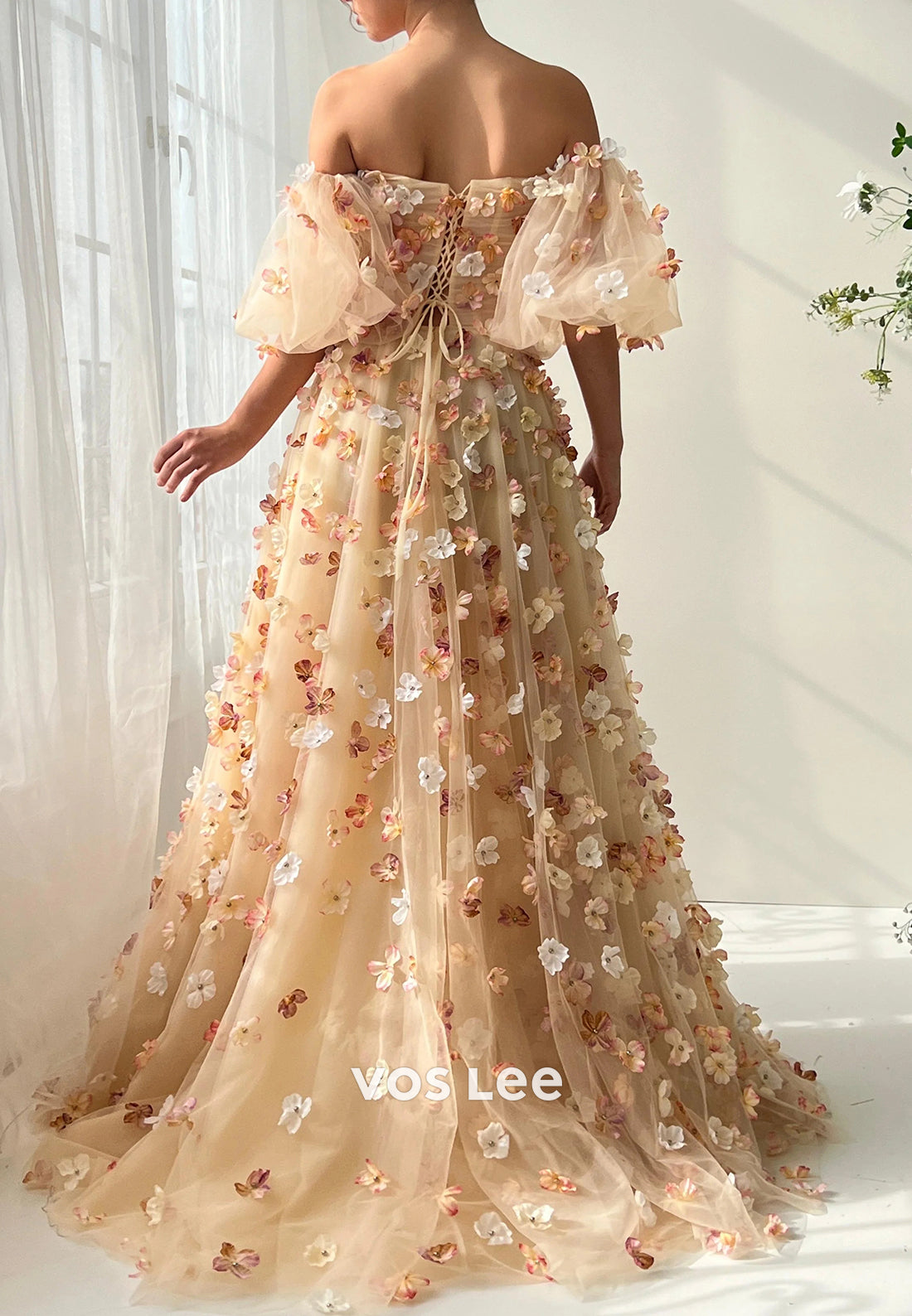 A-Line Short Sleeve Strapless Floral Embellished Prom Dresses with Sweep Train