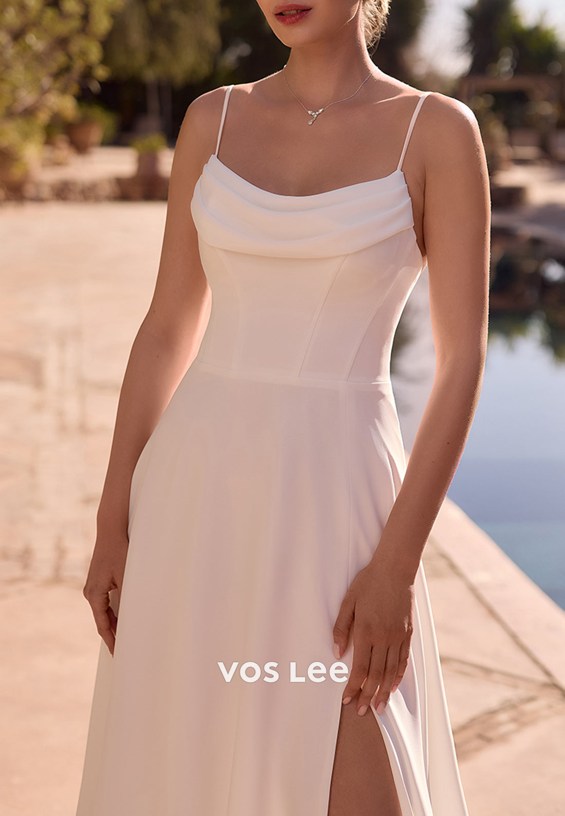 A-Line Spaghetti Straps Scoop Split Pleated Beach Wedding Dresses with Sweep Train
