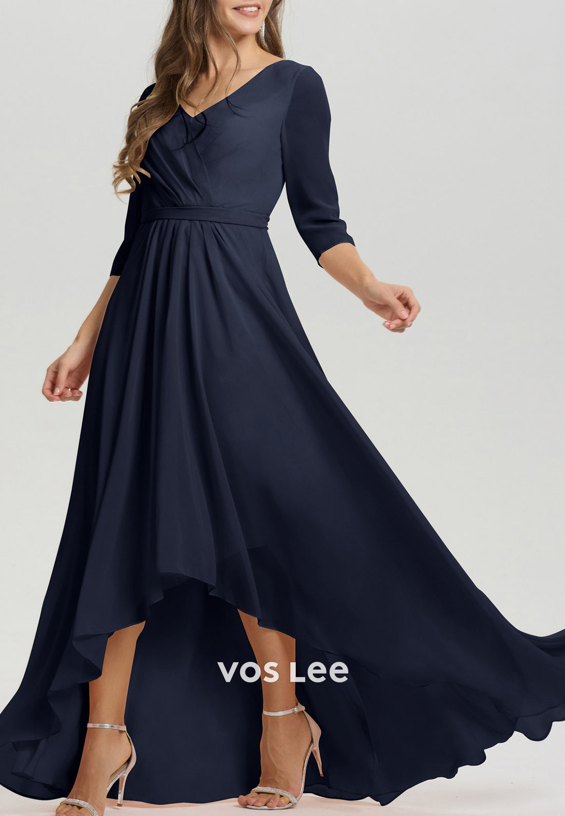 A-Line High Low 3/4 Sleeve V Neck Pleated Floor-Length Mother of Bride Dresses