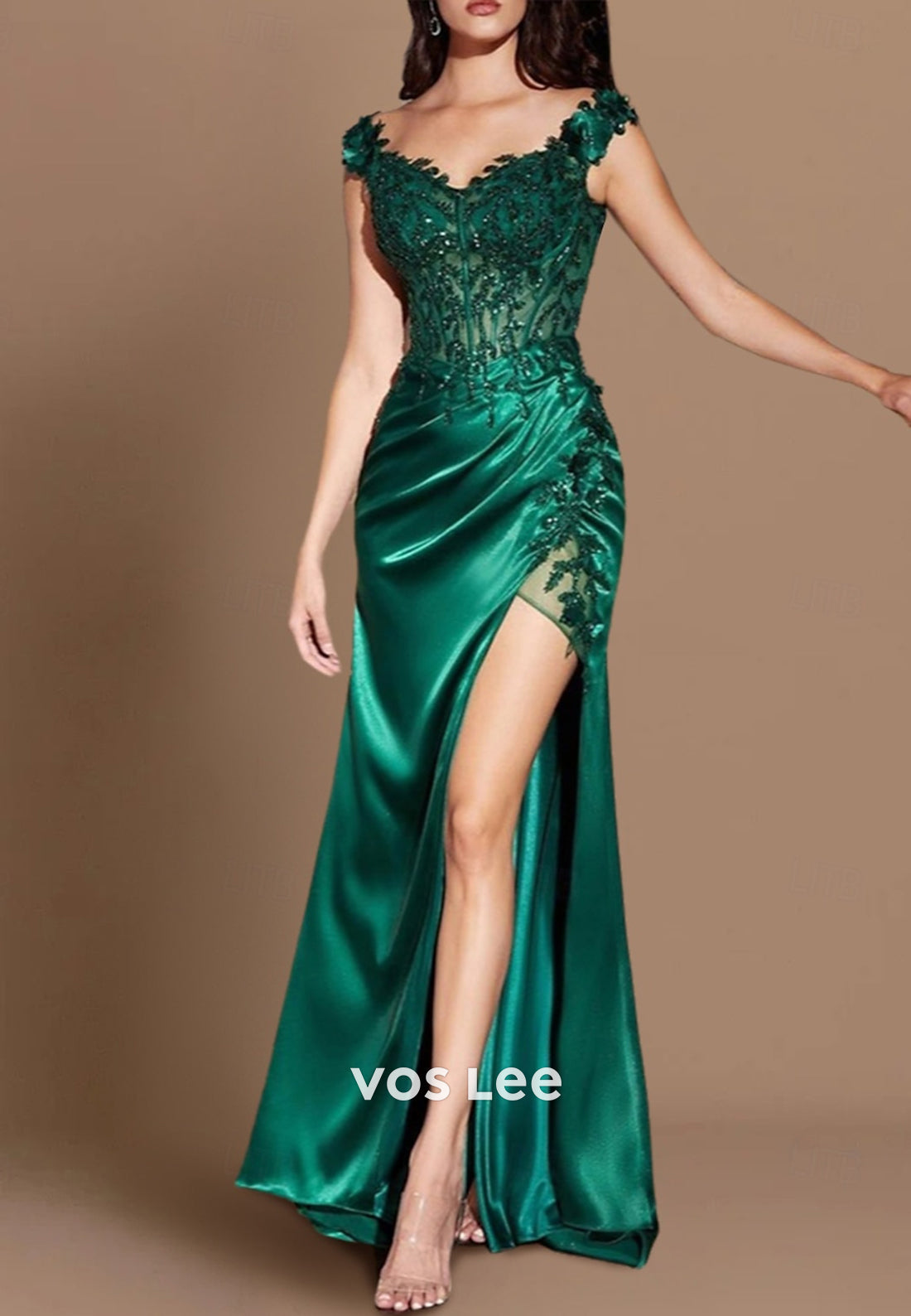 Cap Sleeves Sweetheart Appliques Lace Mermaid Evening Dresses with High Split