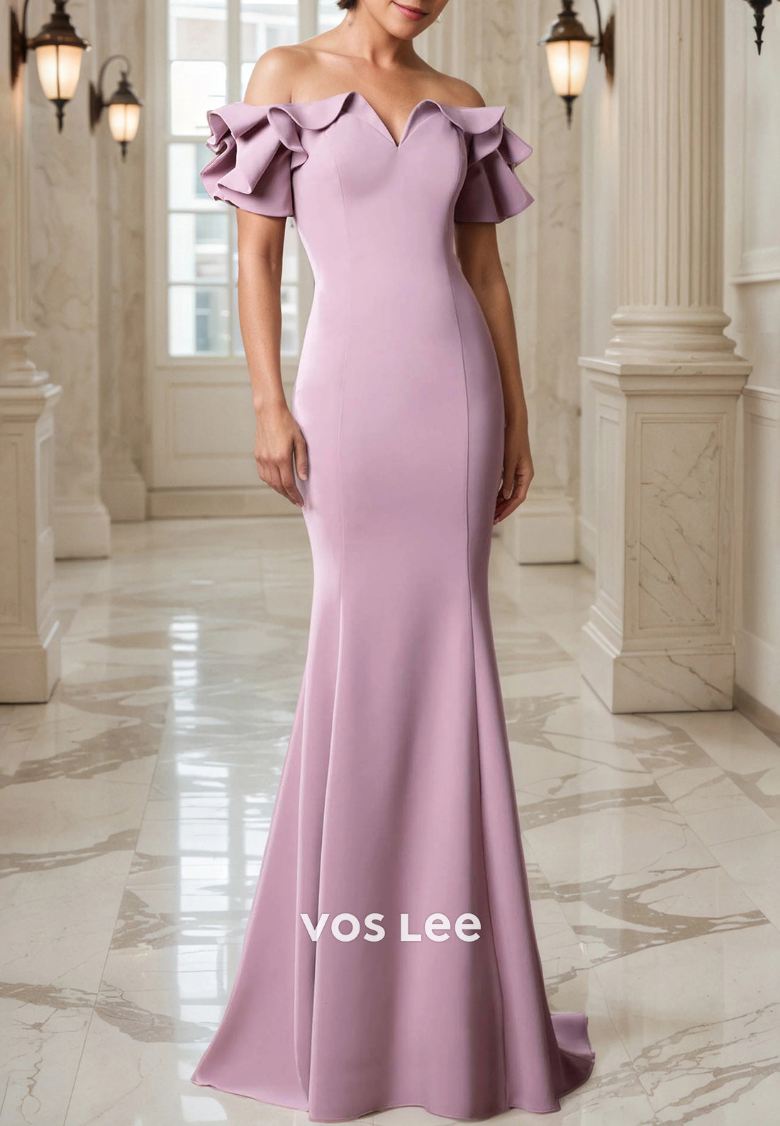 Simple Short Sleeve Off the Shoulder Mermaid Mother of Bride Dresses with Sweep Train