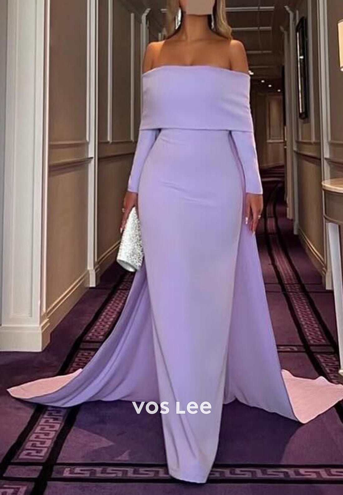 Long Sleeve Off the Shoulder Pleated Mermaid Evening Dresses with Court Train