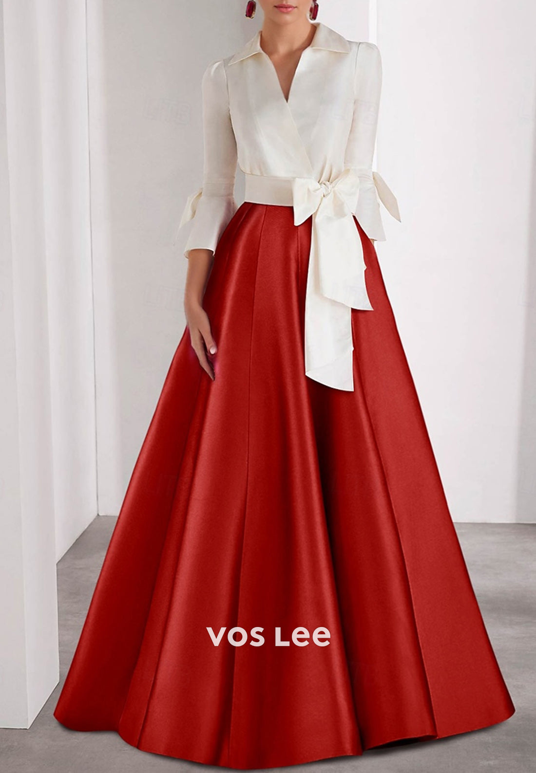 A-Line Bell Sleeves V Neck Bowknot Pleated Floor-Length Mother of Bride Dresses