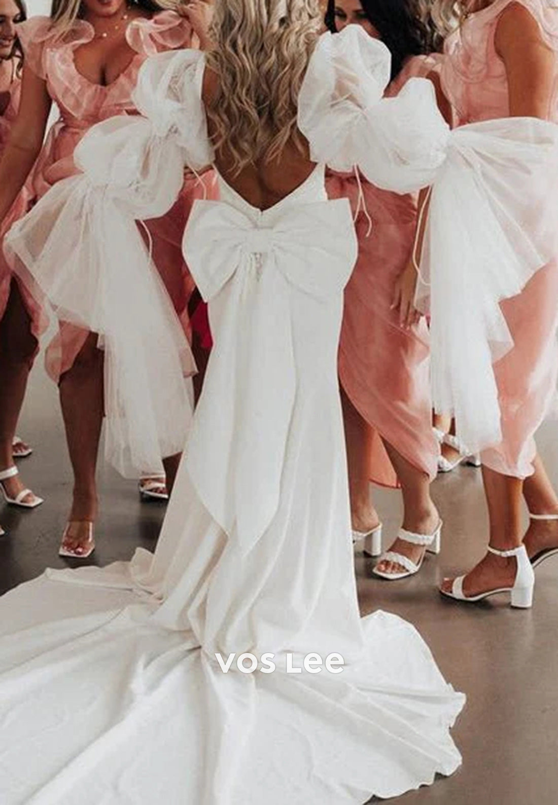 Plunging V Neck Bell Sleeves Bowknot Pleated Mermaid Wedding Dresses with Court Train