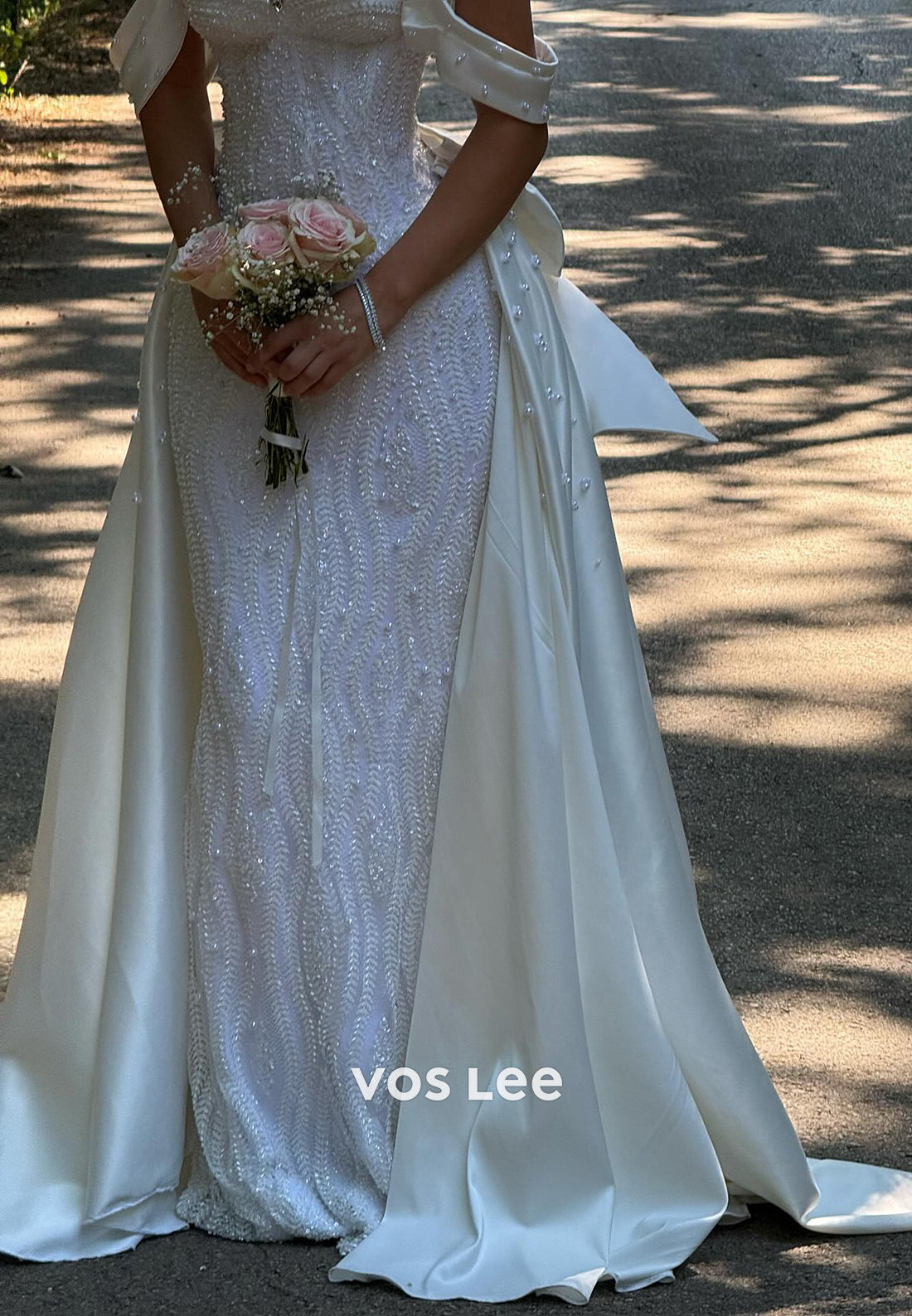 Off the Shoulder Beaded Mermaid Wedding Dresses with Bowknot